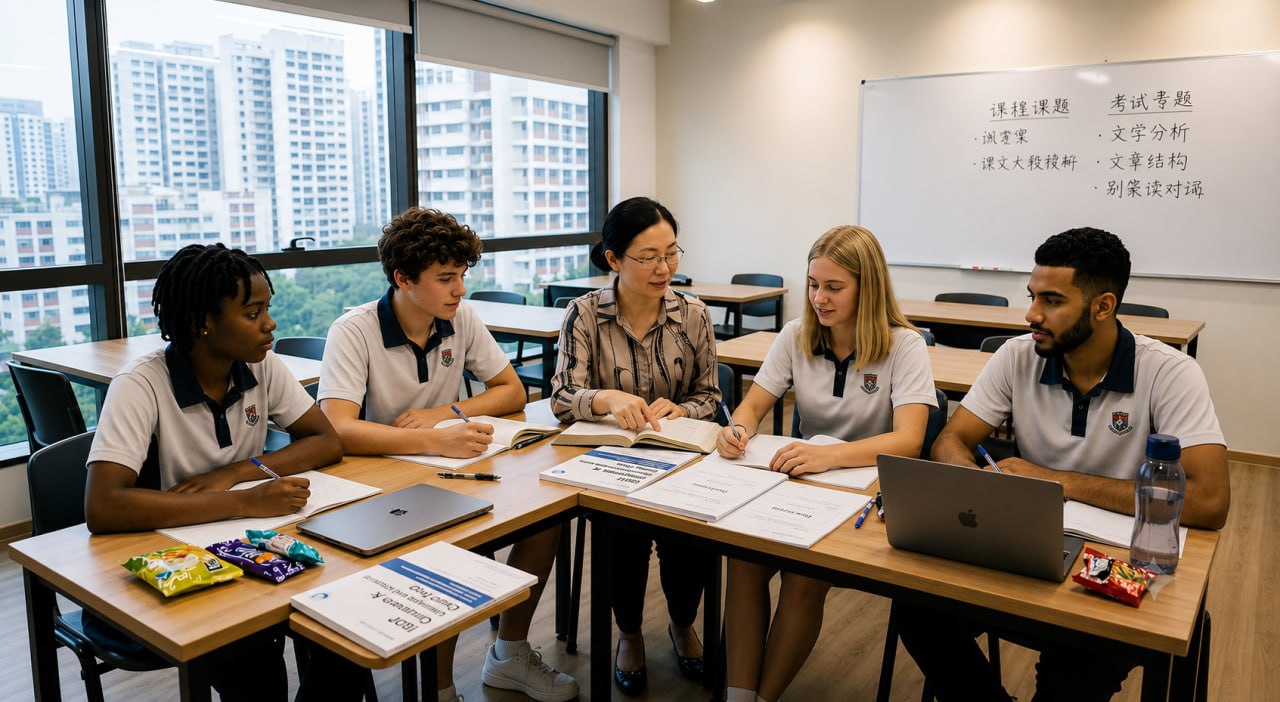 Chinese teacher with diverse group of students in a tuition classroom