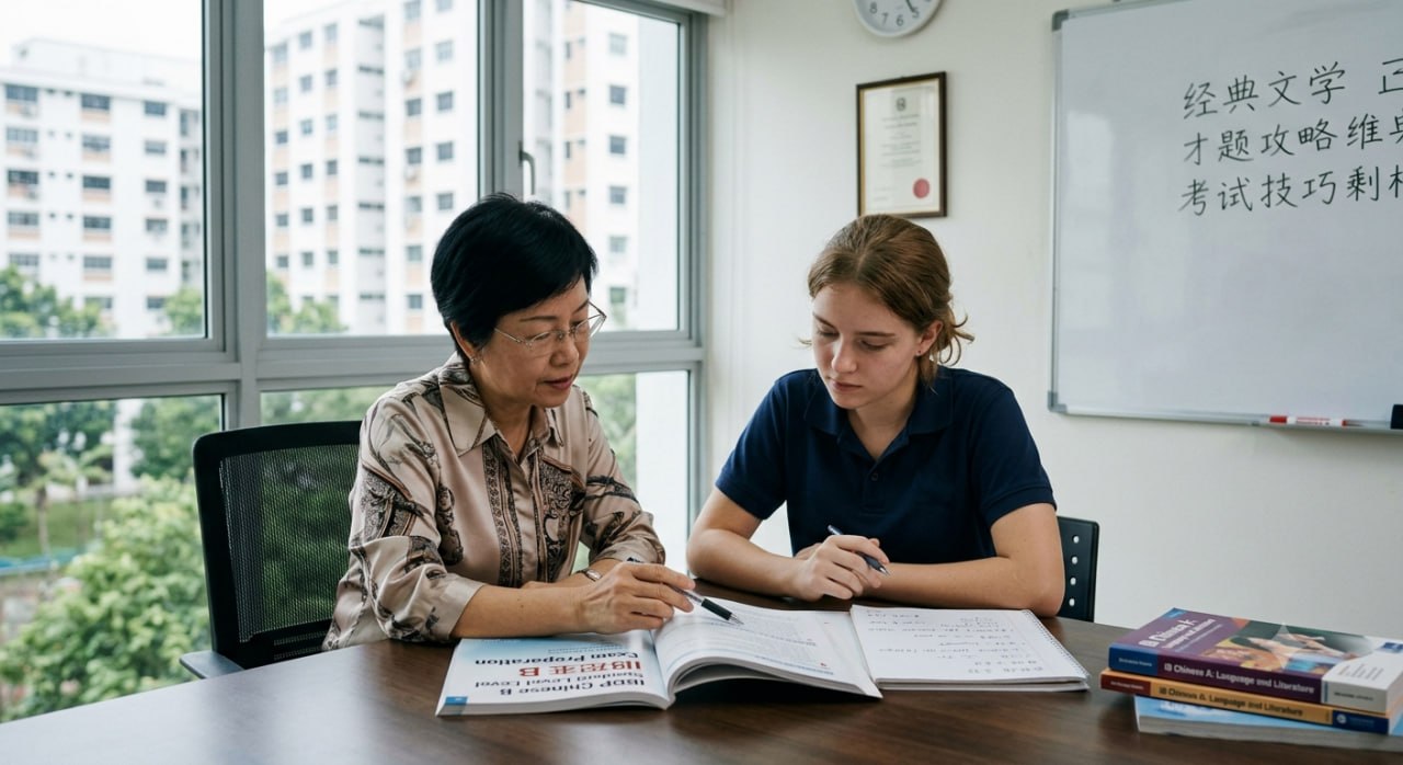 Chinese teacher coaching a student in a small private tuition classroom